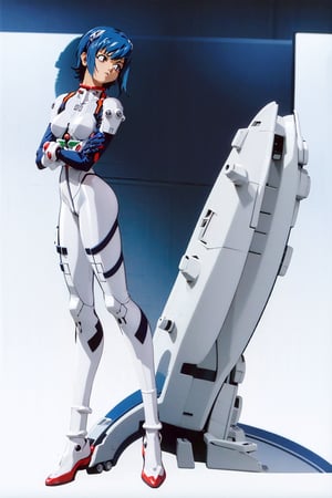 a cute girl with blue hair is standing upright, inyour plugsuit, 1girl, ayanami rei, solo, plugsuit, blue hair, ass, short hair, white gloves, bodysuit, looking back, white bodysuit, simple background, white background, looking at viewer, pilot suit, red eyes, on motel bedroom.  | {The camera is positioned very close to her, revealing her entire body as she adopts a dynamic pose, interacting with and leaning on a structure in the scene in an exciting way} | She is adopting a ((dynamic_pose as interacts, boldly leaning on a structure, leaning back in an exciting way):1.3), ((perfect_pose)), ((perfect_pose):1.5), (((full body))), ((perfect_fingers, better_hands, perfect_hands, perfect_legs)), ((perfect_fingers, better_hands, perfect_hands, perfect_legs):0.7), ((More_Detail)). |,full body retro artstyle, 1990s (style),ayanamirei,retro artstyle,pikkyayanami,edgPlugsuit,skin tight