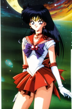 masterpiece, best quality, highres, sama1, tiara, sailor senshi uniform, white gloves, red sailor collar, red skirt, star choker, elbow gloves, pleated skirt, bare legs, purple bow, standing, space, moon, cowboy shot, 1990s \(style\), smile,sama1,90s,retro artstyle