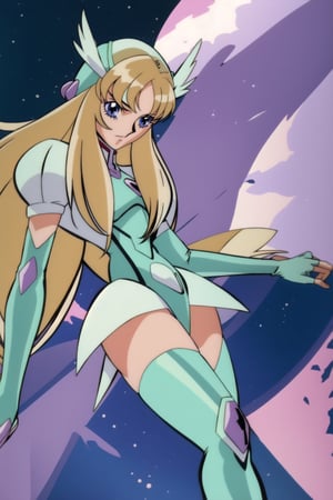 1girl, solo, long hair, blue eyes, blonde hair, thighhighs, gloves, bodysuit, boots, fingerless gloves, high heels, thigh boots, breasts, cape, helmet, winged helmet, elbow gloves, puffy sleeves, green thighhighs, 90s,evangelion anime style