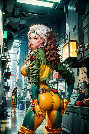 yellow bodysuit,jacket,gloves,belt,yellow gloves,green bodysuit,bodysuit,multicolored bodysuit,superhero, skin tight,multicolored clothes, ((full body)), perfect_fingers, perfect_legs, More Detail, realhands.,ownwaifu, , 1990s (style)