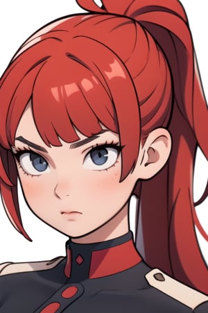 deadpan, emo, red hair, long hair, ponytail, sexy, SFW,3DMM, detailed face, bangs,black and red uniform,Rebecca 