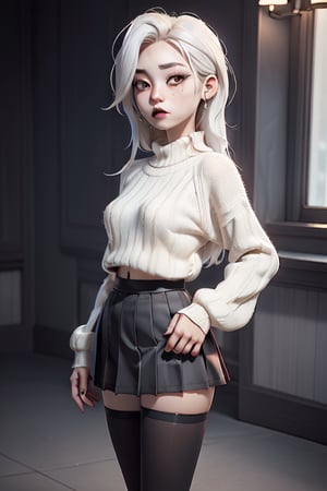 very long beautiful white hair grunge sad goth girl wearing a large full length white sweater and a pleated skirt with dark goth makeup with wide hips and a small waist and black tights on and a cute sexy face,3DMM,asian girl