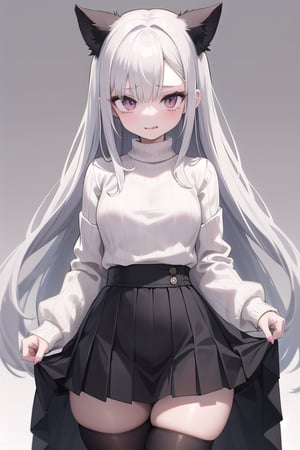 very long beautiful white hair grunge sad goth girl wearing a large full length white sweater and a pleated skirt with dark goth makeup with wide hips and a small waist and black tights on and a cute sexy face
