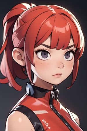 deadpan, emo, red hair, long hair, ponytail, sexy, SFW,3DMM, detailed face, bangs