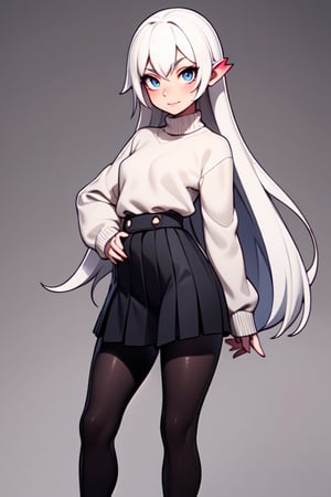 very long beautiful white hair grunge sad goth girl wearing a large full length white sweater and a pleated skirt with dark goth makeup with wide hips and a small waist and black tights on and a cute sexy face,3DMM,