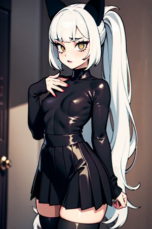 very long beautiful white hair grunge sad goth girl wearing a large full length white sweater and a pleated skirt with dark goth makeup with wide hips and a small waist and black tights on and a sexy face,3DMM,asian girl,black cat ears