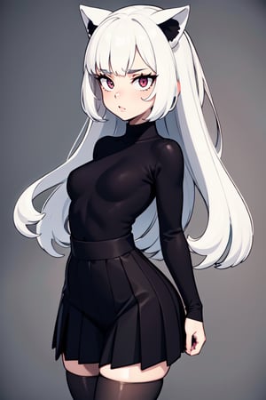 very long beautiful white hair grunge sad goth girl wearing a large full length white sweater and a pleated skirt with dark goth makeup with wide hips and a small waist and black tights on and a sexy face,3DMM, cat ears