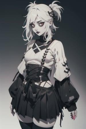 very long beautiful white hair grunge sad goth girl wearing a large full length white sweater and a pleated skirt with dark goth makeup with wide hips and a small waist and black tights on and a cute sexy face,3DMM,