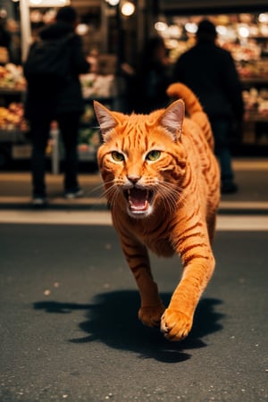 orange cat running away with money, eyes bulging, scared cat, chased by angry person, on market street, speed effect,