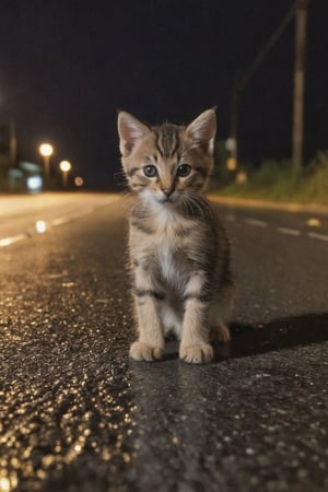 kitten with pitiful eyes, sitting on the side of the road, in the middle of the night when it rains.