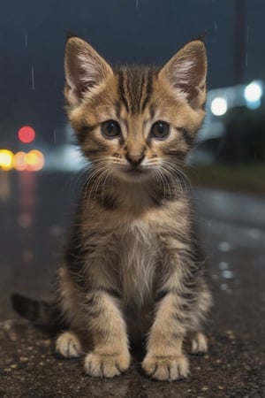 kitten with pitiful eyes, sitting on the side of the road, in the middle of the night when it rains.