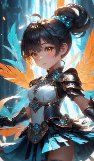 (masterpiece, best quality, ultra-detailed, best shadow), (detailed background,dark fantasy), (beautiful detailed face), high contrast, (best illumination, an extremely delicate and beautiful), ((cinematic light)), colorful, hyper detail, dramatic light, intricate details,fantasy, (1little cute girl,black ponytail-hair,orange-eyes, exciting smile,white sleeveless dress,big breast,Armor palms, knee boots), fighting_stance,dynamic angle,aqua light splatter, swirling blades around the character, depth of field, golden-light particles,(broken crystal),multi-color eyes, hyper detailed, highly detailed, beautiful, small details, ultra detailed, best quality, 4k, (good anatomy)