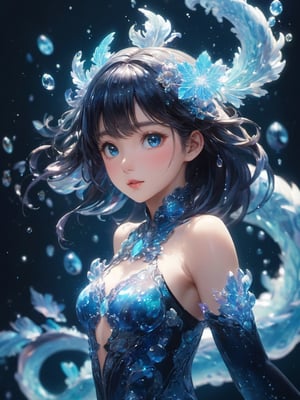 (1 little girl),18 years old,babyface,(big silver eyes), (black hair), long wavy hair,(Bioluminescent transparent squma body), transparent, translucent skin, transparent scales leotard, navel, transparent scales stocking, whole body,fantasy, subsurface scattering, perfect anatomy, snakeskin, glow, bloom,  liquid, (snowflake, water drops, light_particles), china style, Movie Still, cold color, vibrant, volumetric light (masterpiece, top quality, best quality, official art, beautiful and aesthetic:1.2),  extreme detailed, (abstract, fractal art:1.3), colorful hair, highest detailed, detailed_eyes, perfect body, five fingers, perfect hands, anatomically perfect body,dynamic stance, dynamic angle, depth of field, hyper detailed, highly detailed, beautiful, small details, ultra detailed, best quality,4k, (cowboy shot),(helf-body shot),mythical clouds,chinese ink drawing