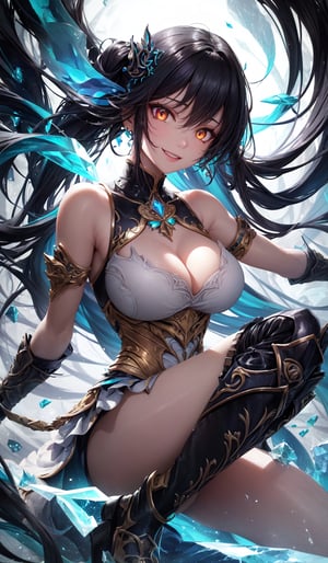 (masterpiece, best quality, ultra-detailed, best shadow), (detailed background,dark fantasy), (beautiful detailed face), high contrast, (best illumination, an extremely delicate and beautiful), ((cinematic light)), colorful, hyper detail, dramatic light, intricate details,fantasy, (1little cute girl,black ponytail-hair,orange-eyes, exciting smile,white sleeveless dress,big breast,Armor palms, knee boots), fighting_stance,dynamic angle,aqua light splatter, swirling blades around the character, depth of field, golden-light particles,(broken crystal),multi-color eyes, hyper detailed, highly detailed, beautiful, small details, ultra detailed, best quality, 4k, (good anatomy)