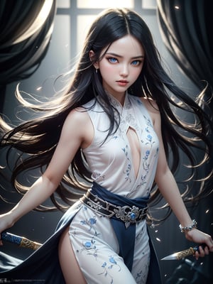 (masterpiece, best quality, ultra-detailed, best shadow), (detailed background,zen-style), (beautiful detailed face), high contrast, (best illumination, an extremely delicate and beautiful), (cinematic light), colorful, hyper detail, dramatic light, intricate details,fantasy,1girl,(black hair),(blue eyes),(printed sleeveless_Hanfu),(silver bracelet),(((daggers around body)) ,((weightless state)),(full body),depth of field, blue-light particles,depth of field,multi-color eyes, hyper detailed, highly detailed, beautiful, small details, ultra detailed, best quality, 4k,8k