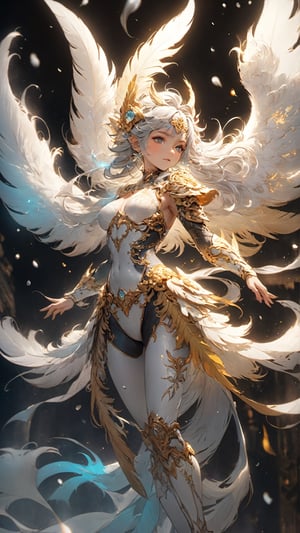 (1little girl),babyface, (big darkred eyes),  (silver hair),  long wavy hair, (golden printed white thong leotard, ,golden printed white limb armour, white helmet,Bioluminescent metal feather wing, long silver feathery blades ,attack stance), whole body, fantasy,  subsurface scattering,  perfect anatomy,  glow,  bloom, feathers,  (broken glass,  snowflakes,  light_particles),  Final Fantasy style,  Movie Still,  cold color,  vibrant,  volumetric light (masterpiece,  top quality,  best quality,  official art,  beautiful and aesthetic:1.2),  extreme detailed,  (abstract,  fractal art:1.3),  highest detailed,  (detailed_eyes,  perfect body,  five fingers,  perfect hands,  anatomically perfect body), dynamic stance,  dynamic angle,  depth of field,  hyper detailed,  highly detailed,  beautiful,  small details,  ultra detailed,  best quality, 4k,  (cowboy shot), (helf-body shot)