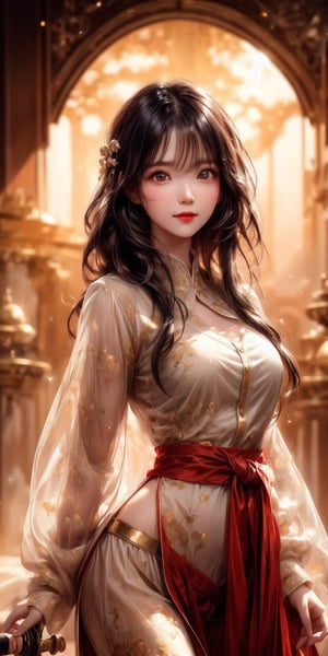 1 cute girl, 16 years old, (black long curly hair, golden eyes, rosy pure skin, v-shaped slim face, rosy cheeks,soft smile), transparent liquid skin, middle breasts and hips, narrow waist, (golden printed white babydoll, black lace lingerie),(( A long red broad-bladed sword)),dynamic stance, symmetrical, natural skin texture, soft lighting, detailed face, digital art 8k, fantastic face, beautiful look, detailed hair, black hair, ultra focus, face illuminated, face detailed, fantasy concept art of detailed character, soft natural lighting, soft pastel colors sparkling, helf-body shot, whole-body shot, looking front