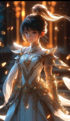 (masterpiece, best quality, ultra-detailed, best shadow), (detailed background,dark fantasy), (beautiful detailed face), high contrast, (best illumination, an extremely delicate and beautiful), ((cinematic light)), colorful, hyper detail, dramatic light, intricate details,fantasy, (1little cute girl,black ponytail-hair,orange-eyes, exciting smile,white sleeveless dress,big breast,Armor palms, knee boots), fighting_stance,dynamic angle,aqua light splatter, swirling blades around the character, depth of field, golden-light particles,(broken crystal),multi-color eyes, hyper detailed, highly detailed, beautiful, small details, ultra detailed, best quality, 4k, (good anatomy)