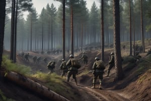 A German platoon( wearing camouflage uniform,detailed face) digging battle hole in pine forest,tree line, dirty road, view form afar,8k uhd,realistic,photorealistic, highly detailed,high_resolution, cinematic lighting, detailed background,midnight time.
