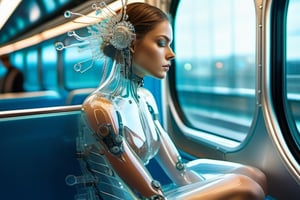 anatomically correct a bio mechanical cyborg girl with body made of glass, (detailed face,sitting on train),transparent body, ,glass texture, glass, soft bright background, shine, subsurface scattering, transparent, glow, bloom, jellyfish, coral, Bioluminescent liquid, volumetric light, tube, 3d style,cyborg style,Movie Still,Leonardo Style, realistic photo, high_resolution,8k, blurred_background, cowboy_position, full_body