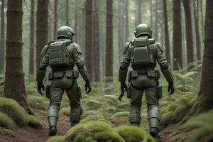A German platoon( wearing camouflage uniform,detailed face) finding alien in pine forest,tree line, dirty road, view form afar,8k uhd,realistic,photorealistic, highly detailed,high_resolution, cinematic lighting, detailed background, view form afar