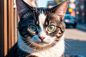 Portrait of cute cat , blue eyes, big eyes, cat is sitting , street behind , 8k , detailed eyes, realistic,full_body, font facing, detailed, intricate, high resolution, detailed background, fcDetailPortrait, epiCRealism, OverallDetail, (hyper detailed, high resolution, best shadows),very detailed face