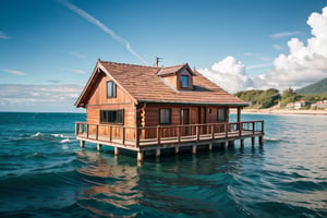 Floating wooden house in vast sea, sunshine , photorealistic , 8k, high_resolution,detailed background, sharp focus, detailed ,landscape view