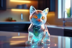 anatomically correct a bio mechanical cyborg cute cat made of glass, transparent body, (full body, look at above, in kitchen room),glass texture, glass, soft bright background, shine, subsurface scattering, transparent, glow, bloom, jellyfish, coral, Bioluminescent liquid, volumetric light, tube, 3d style,cyborg style,Movie Still,Leonardo Style, realistic photo, high_resolution,8k, blurred_background 