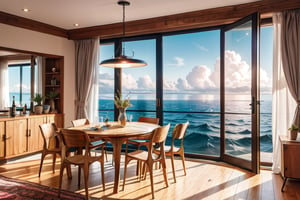Very cash money on wooden table, vast sea outside the windows, luxury interior ,8k, photorealistic , very detailed in cash money,detailed background