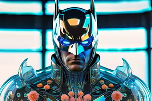 anatomically correct a bio mechanical cyborg Batman made of glass, transparent body, (extremely detailed face, full body, look at viewer),glass texture, glass, soft bright background, shine, subsurface scattering, transparent, glow, bloom, jellyfish, coral, Bioluminescent liquid, volumetric light, tube, 3d style,cyborg style,Movie Still,Leonardo Style
