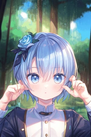 (Masterpiece),handsome boy with short blonde hair, blue eye,ultra detailed face,blue world,hologram,outdoor,magic,blue rose,forest,cool,reflection,Chibi