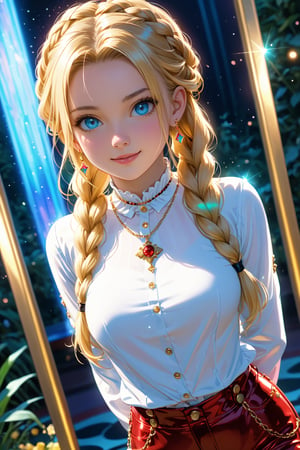 ((masterpiece, best quality)),(complex light),trending, high quality, realistic, intricate detailed, graceful and beautiful textures, 16K, aurora lights,casino,play to game, lolita style, cute girl with blond braids, light blue eyes, golden white long sleeves,red long pants, punk, beautiful expression, best performance, reflection ,bright,garden,(shading), (highly detailed CG 8k unity wallpaper), (studio indirect use lighting), (amazing drawing) (Illustration), (Artwork), (Magical light), (Shading), (Very detailed), (CG 8k Unity wallpaper), (Nice newly drawn illustration), (Best illustration performance) , iridescent glow, sparkling mosaic tile elements, pieces of beauty and complexity,