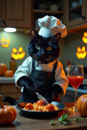 A whimsical Halloween scene featuring a cute black cat dressed as a chef, meticulously cooking spooky Halloween food. The kitchen is adorned with yellow-green glowing Jack-o'-lantern stickers on the walls, casting an eerie yet festive light. The cat is framed mid-shot, with its paws expertly handling kitchen tools, and a wine glass filled with tomato juice on the table nearby. The background is filled with Halloween-themed decorations, adding to the playful and mysterious atmosphere.