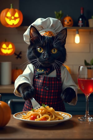 A whimsical Halloween scene featuring a cute black cat dressed as a chef, meticulously cooking spooky Halloween food. The kitchen is adorned with yellow-green glowing Jack-o'-lantern stickers on the walls, casting an eerie yet festive light. The cat is framed mid-shot, with its paws expertly handling kitchen tools, and a wine glass filled with tomato juice on the table nearby. The background is filled with Halloween-themed decorations, adding to the playful and mysterious atmosphere.