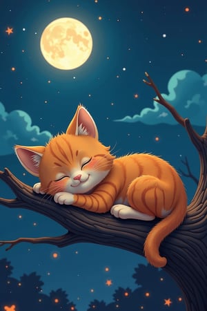 A whimsical scene in Ghibli real photography style, featuring a cute orange kitten sleeping peacefully with a happy expression on the full moon during the Halloween season. The scene is set against a night sky, with the moon casting a soft, ethereal glow over the kitten. The image is framed in a dynamic angle, capturing the kitten's serene pose and the vastness of the night sky. The colors are vibrant and dynamic, with the moon and stars adding depth and visual interest. The kitten is the focal point, with the night sky slightly blurred in the background, enhancing the depth of field and creating a harmonious and enchanting composition.