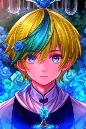 (Masterpiece),handsome boy with short blonde hair, blue eye,ultra detailed face,blue world,hologram,outdoor,magic,blue rose,forest,cool,reflection