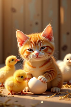 ((masterpiece, best quality)),(complex light),trending, high quality, realistic, intricate detailed, graceful and beautiful textures, 16K, (MEME),aurora lights, Realistic style, a cute orange kitten makes a funny face and plays with an egg, annoying a yellow chick. Behind him is a chicken. There is straw on the floor and another kitten in a gift box.,real skin,luxurious and bright, in ghibli real,blight cozy, cool, depth of field,daytime,