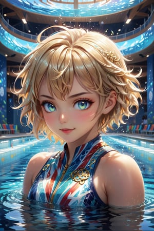 ((masterpiece, best quality)),(complex light),trending, high quality, realistic, intricate detailed, graceful and beautiful textures, 16K, Olympics, Olympic athletes swimming in the pool, short blonde hair, blue eyes, handsome boy, refreshing, serious expression, cool, Olympic uniform, indoor, light,reflection on the water surface, water splash,dynamic shot, realistic landscape, Olympic flag placed, aurora light, smirk,hologram,cool,real, (detailed eyes), (shading), (highly detailed CG 8k unity wallpaper), (studio indirect use lighting), (amazing drawing) (Illustration), (Artwork), (Magical light), (Shading), (Very detailed), (CG 8k Unity wallpaper), (Nice newly drawn illustration), (Best illustration performance) , iridescent glow, glass, super Realistic ultra-detailed sea, sparkling mosaic tile elements, pieces of beauty and complexity,