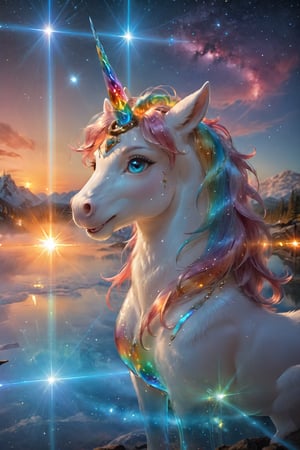 cute UNICORN,hologram,(Masterpiece, highest quality), (detailed eyes), (shading), (highly detailed CG 8k unity wallpaper), (studio indirect use lighting), (amazing drawing) (Illustration), (Artwork), (Magical light), (Shading), (Very detailed), (CG 8k Unity wallpaper), (Nice newly drawn illustration), (Best illustration performance),photo r3al,Glass, super detailed realistic cute UNICORN themed, iridescent glow, super Realistic ultra-detailed dream sky citys, sparkling mosaic tile elements, pieces of beauty and complexity,Clear glass,Clear Glass Skin,aurora glass,Glass Elements