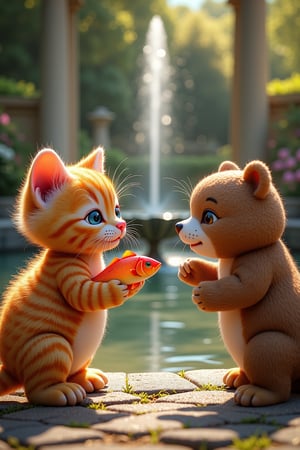 ((masterpiece, best quality)),(complex light),trending, high quality, realistic, intricate detailed, graceful and beautiful textures, 16K,aurora light,A cute orange kitten holding a fish and a bear meet and are surprised, daytime, outside the mansion, in front of the fountain, very bright scene,MEME