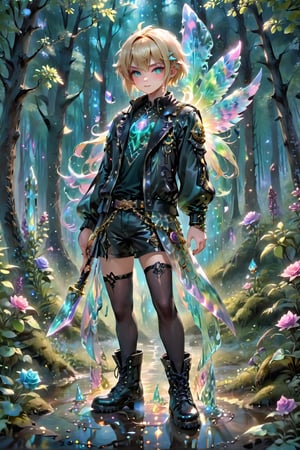 ((masterpiece, best quality)),(complex light),trending,absurdres, Cool A handsome boy who combines Gothic style with pastel punk fashion, he wears dark and edgy clothes with Gothic elements such as lace, Aurora crystal chains, but in pastel colors such as blonde, green, and lavender. His hair is a vibrant mix of pastel colors, styled with asymmetrical bangs, and decorated with wind reaf. His accessories include Aurora crystal bracelets, military boots,He has short blonde hair, blue eyes, smirk,hologram,reflection,forest,fantasy,glitter,blue rose,garden,electronic,have a aurora crystal knife,art splash,cool pose,real skin,3d,Glass Elements,aurora glass style,Clear glass,Clear Glass Skin