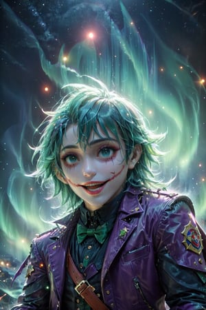 ((masterpiece, best quality)),(complex light),trending, high quality, realistic, intricate detailed, graceful and beautiful textures,16K,Generate hyper realistic image,trending features a fantastical,aurora lights,In the fantasy world, a cool Joker is placed in the trump game card, joker is cool handsome boy,blight, in ghibli real photography style, ethereal dreamlike quality,pixiv,dal,Anime style,noc-wfhlgr,photo r3al