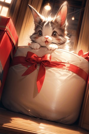 (masterpiece), (detailed eyes), (high detailed),home style,(A cute rabbit touches a present box), ((full body)),Christmas, comfortably in a large living room, window, cozy atmosphere, day, wonder, pixiv,fun, depth of field, illuminated background, reflection, hologram,Dutch angle shot, inside sparking,