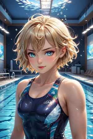 ((masterpiece, best quality)),(complex light),trending, high quality, realistic, intricate detailed, graceful and beautiful textures, 16K, Olympics, Olympic athletes swimming in the pool, short blonde hair, blue eyes,handsome boy, refreshing, serious expression, cool, Olympic uniform, indoor, full body,light,reflection, water splash,dynamic, realistic landscape, Olympic flag placed, aurora light, smirk,hologram,real, (detailed eyes), (shading), (highly detailed CG 8k unity wallpaper), (studio indirect use lighting), (amazing drawing) (Illustration), (Artwork), (Magical light), (Shading), (Very detailed), (CG 8k Unity wallpaper), (Nice newly drawn illustration), (Best illustration performance) , iridescent glow, glass, super Realistic ultra-detailed sea, sparkling mosaic tile elements, pieces of beauty and complexity,