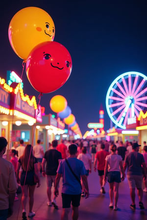 A vibrant scene at an amusement park, with colorful neon lights illuminating the area, casting a festive glow. Cute balloons of various shapes and colors are prominently displayed, floating above the crowd. The scene is framed wide to capture the lively atmosphere, with the neon lights reflecting off the nearby attractions and rides. The balloons are in the foreground, adding a playful touch, while the background features the bustling park, with people enjoying the rides and attractions under the neon lights.