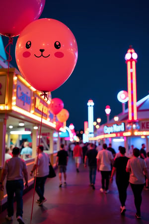 A vibrant scene at an amusement park, with colorful neon lights illuminating the area, casting a festive glow. Cute balloons of various shapes and colors are prominently displayed, floating above the crowd. The scene is framed wide to capture the lively atmosphere, with the neon lights reflecting off the nearby attractions and rides. The balloons are in the foreground, adding a playful touch, while the background features the bustling park, with people enjoying the rides and attractions under the neon lights.