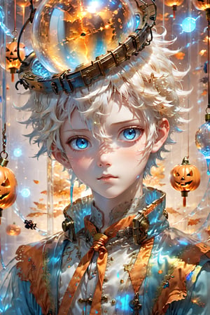 halloween,Glass made ultra Detailed translucent handsome little boy,white china dress,glass hair,blue eye,hologram,momiji,cyberpunk style,chinese style,super detailed, hyper realistic clothes,sleeping,(Masterpiece, highest quality), (detailed eyes), (shading), (highly detailed CG 8k unity wallpaper), (studio indirect use lighting), (amazing drawing) ,(Illustration), (Artwork), (Magical light), (Shading), (Very detailed), (CG 8k Unity wallpaper),dripping paint