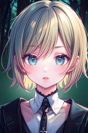 (Masterpiece),handsome boy with short blonde hair, blue eye,gothic style,ultra detailed face,blue world,hologram,outdoor,magic,blue rose,forest,cool,reflection,Add more details,Kagamine Rin