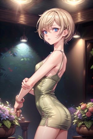 (artwork), (masterpiece), (detailed eyes), (male face), (shading), (highly detailed CG 8k unity wallpaper), (using studio indirect lighting), (amazing drawing illustration), (Best illustration performance),blond short hair, blue eyes,handsome little boy, cool face, gorgeous cocktail open tunic,bright garden full of flowers,look back,blink,cowboy shot,sky,