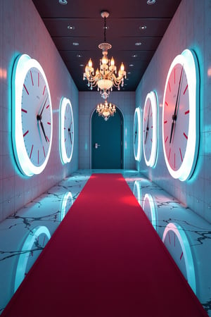 A futuristic room with white glowing clock panels lining the walls, casting a cool, ethereal light. A vibrant red carpet is laid in the center, contrasting sharply with the crystal marble floor, which reflects the light in a dazzling array of colors, reminiscent of CGI effects. The modest chandelier hangs from the ceiling, its soft glow adding to the ambient light, creating a harmonious blend of modern and classical elements. The scene is framed to capture the entire room, with the chandelier and clock panels in focus, and the reflections on the floor adding depth and visual interest.